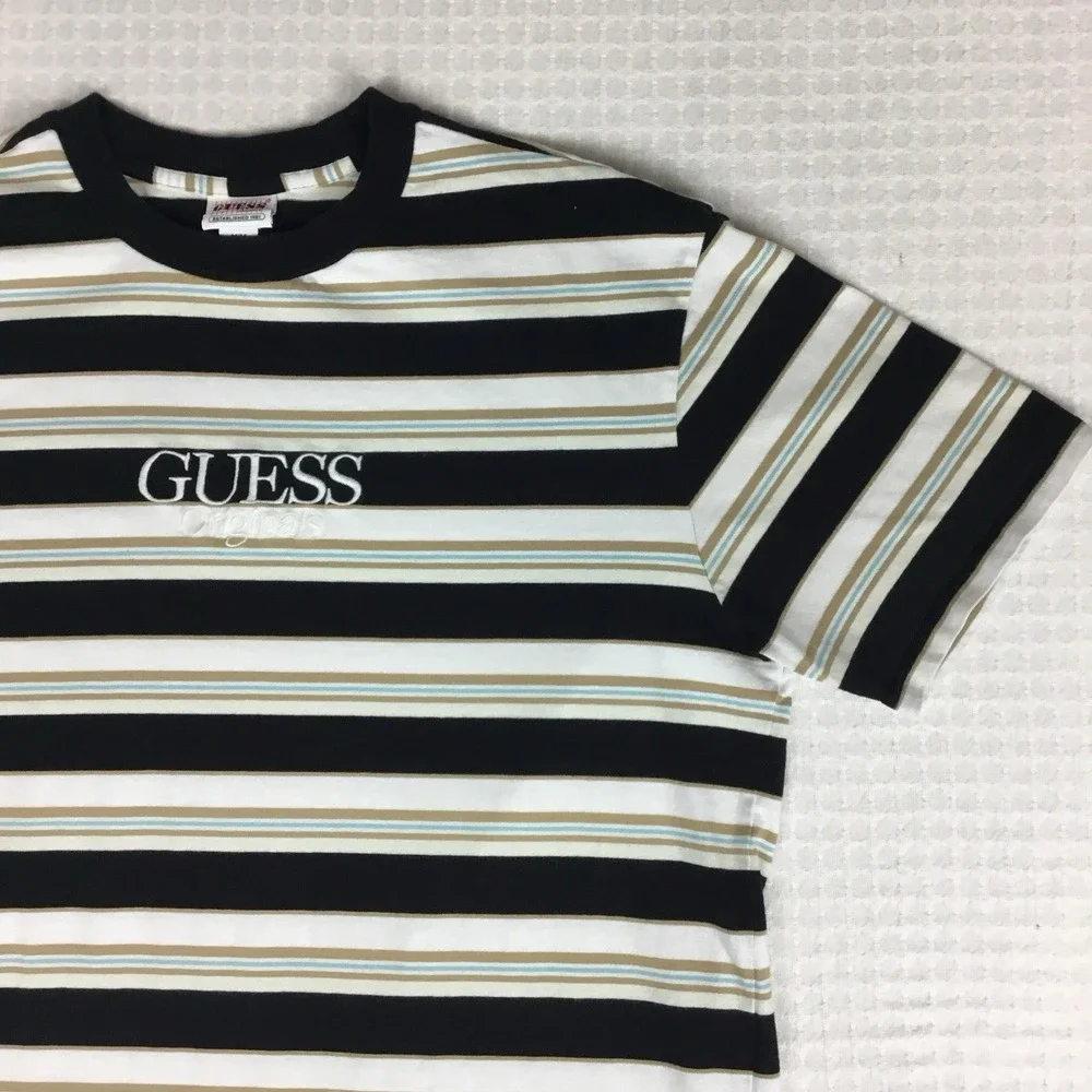 Guess Originals Men Striped T-Shirt Black White Tan Blue Embroidered Logo Size M - Picture 6 of 8